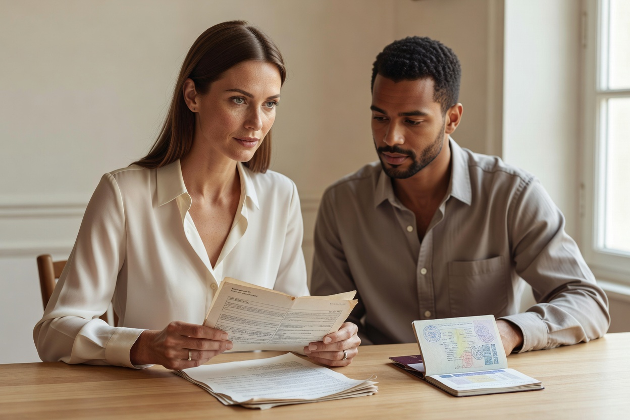 Couple binational assis à une table, documents administratifs et alliance visibles