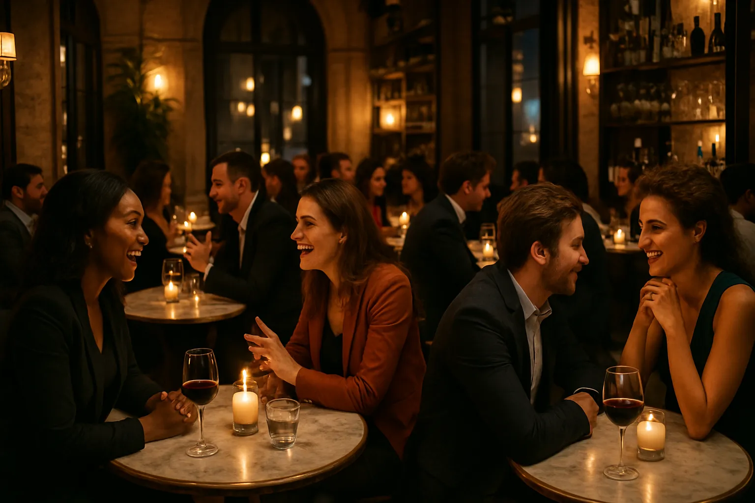 Soiree speed dating Meetic dans un bar avec des celibataires qui discutent