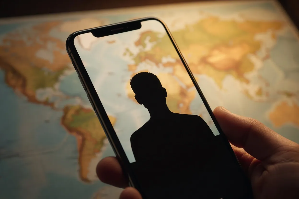 Smartphone affichant un profil de rencontre avec fond carte du monde flou