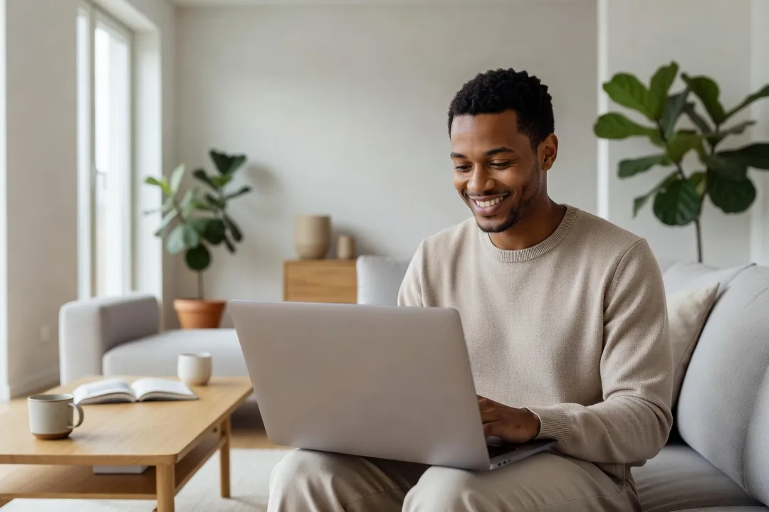 Personne souriante en visioconference dans un salon lumineux