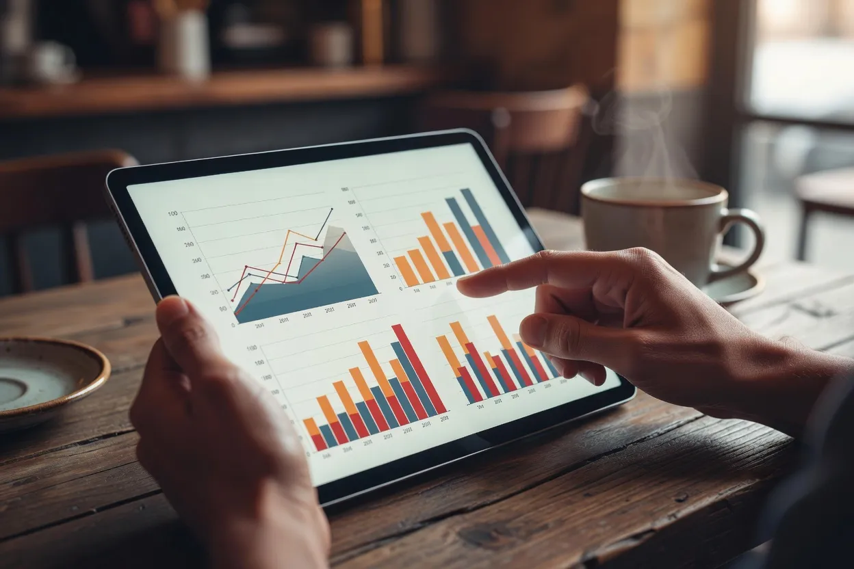 Personne comparant des applications de rencontre sur une tablette dans un cafe