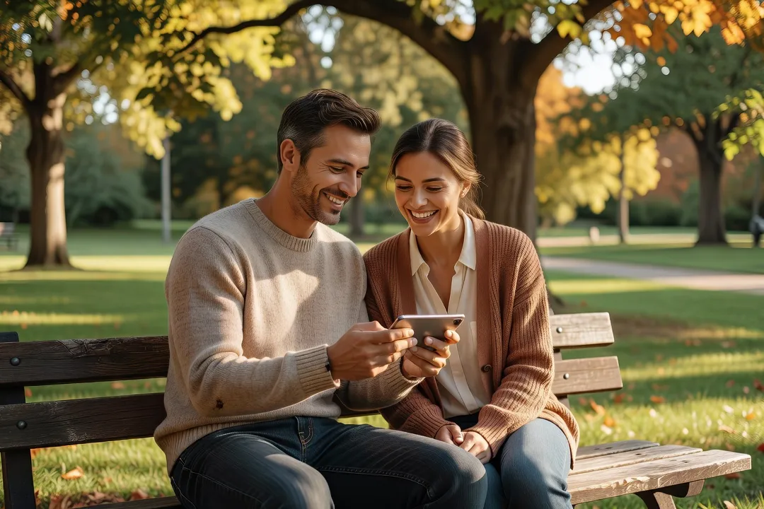 Couple souriant regardant un smartphone ensemble sur un banc