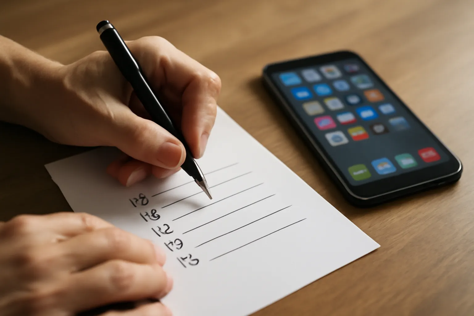 Personne ecrivant une liste de critères a cote d’un smartphone
