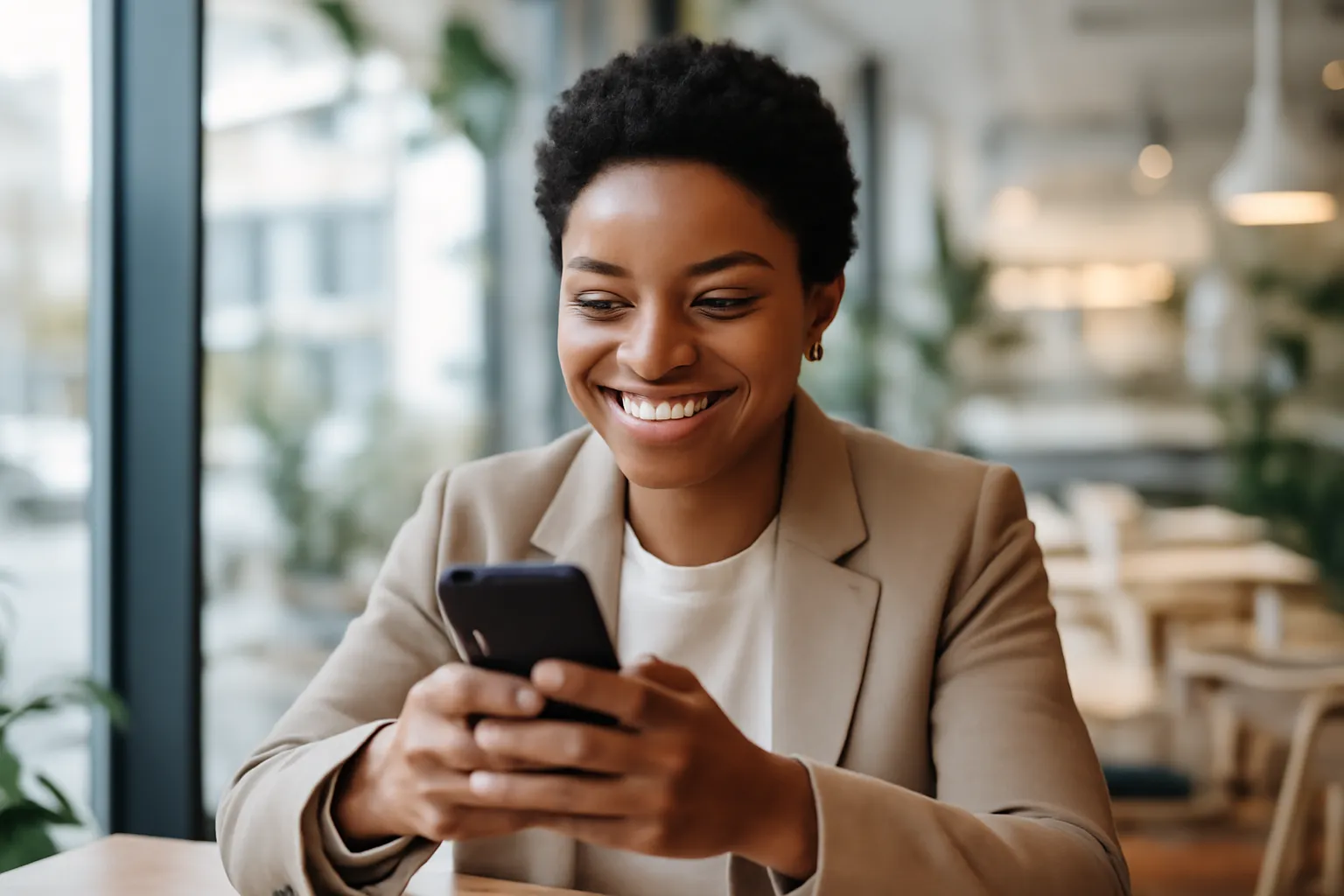 Personne confiante souriant en consultant son telephone dans un cafe