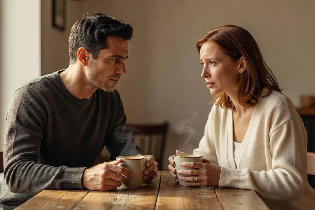 Couple ayant une conversation sérieuse autour d’un cafe
