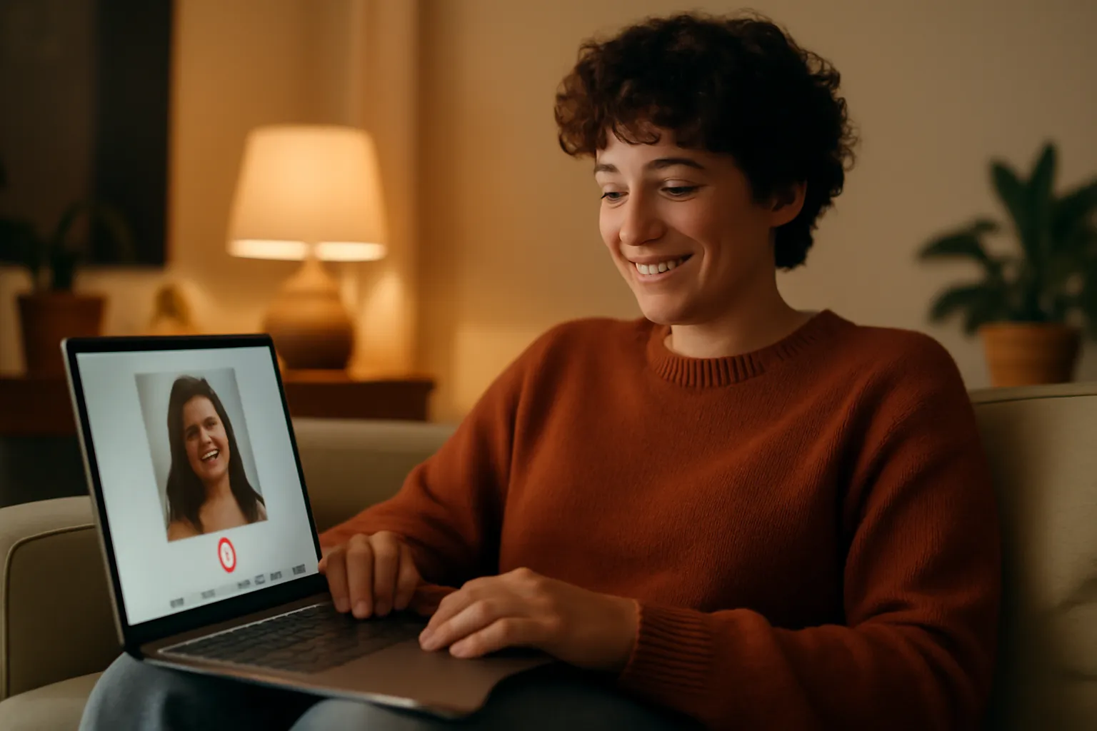 Personne detendue et souriante naviguant sur une application de rencontre chez elle